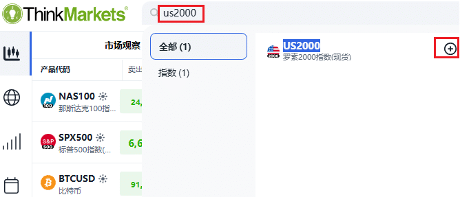 ThinkTrader screenshot showing how to search and add US2000 (Russell 2000 Index) to the watchlist.