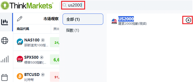 ThinkTrader screenshot showing how to search and add US2000 (Russell 2000 Index) to the watchlist.