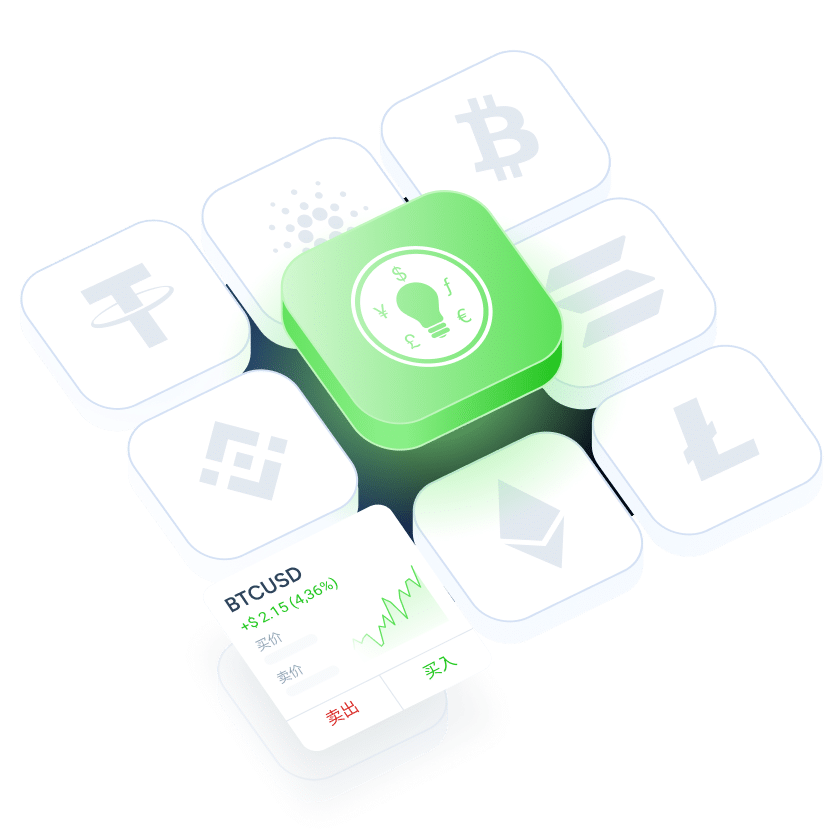 Hero banner introducing crypto CFD trading on ThinkTrader, featuring Bitcoin (BTC) and Ethereum (ETH) icons alongside other cryptocurrencies, with the ThinkTrader logo prominently centered.