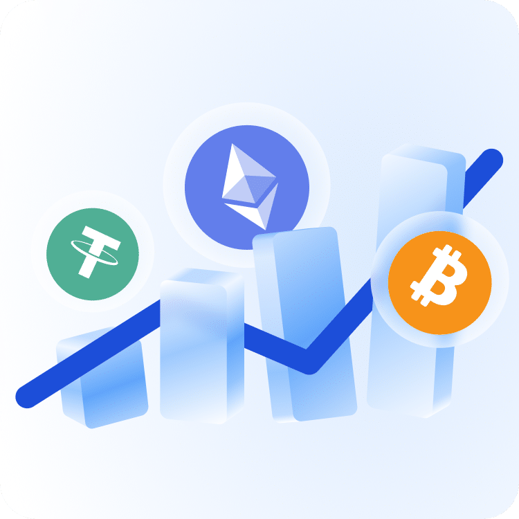 Decorative image illustrating crypto CFD trading, showing USDT, Ethereum (ETH), and Bitcoin (BTC) icons overlaid on an upward-trending chart.