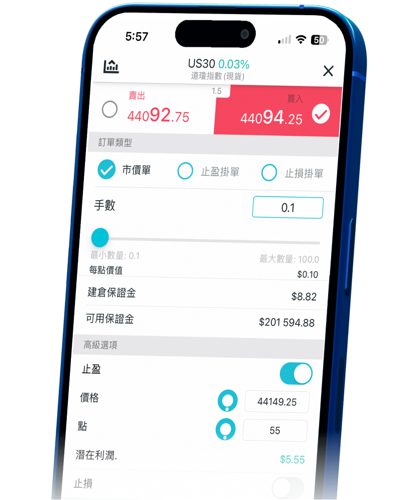 A mockup of the ThinkTrader mobile application displaying the trading interface for the US30 index CFD, highlighting the platform's features.