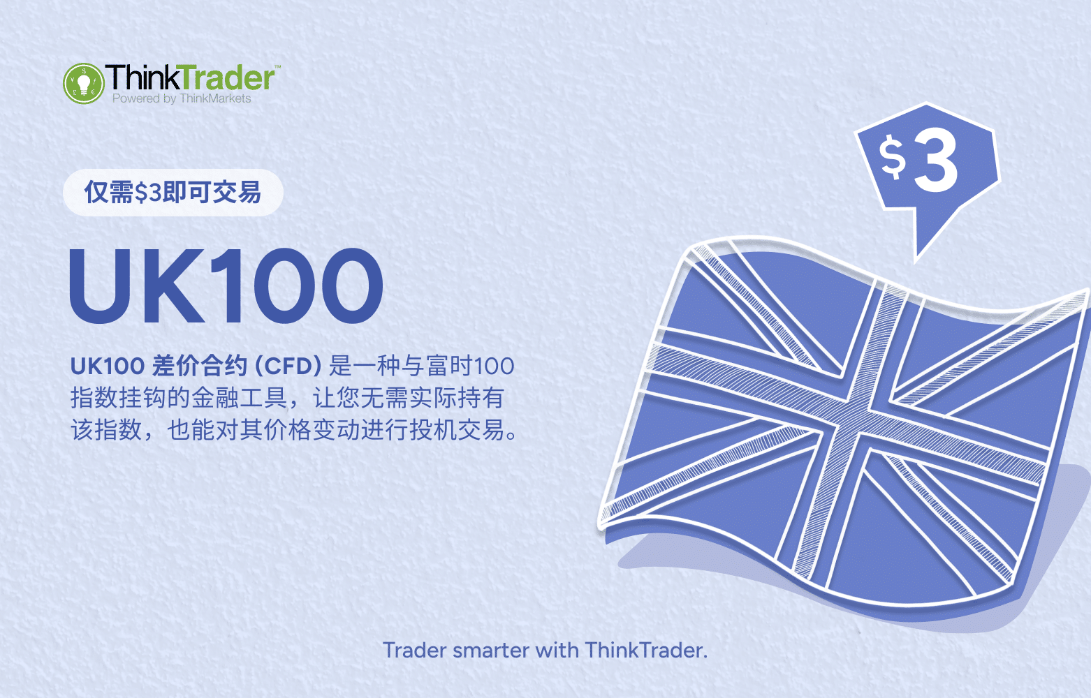 Hero banner featuring the UK100 (FTSE 100 Index) logo with text explaining what UK100 CFD is.