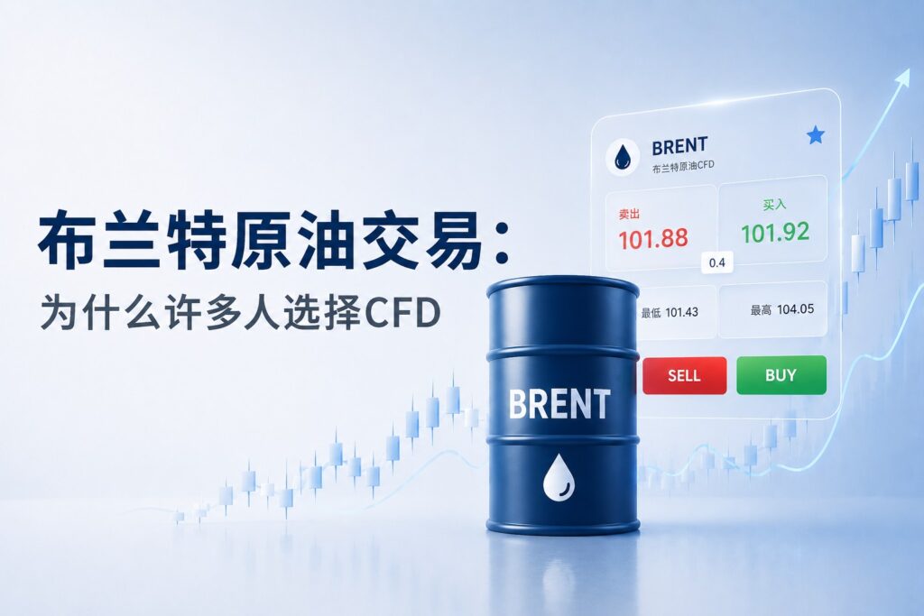 Brent crude oil CFD trading illustration with a ThinkTrader trading panel, Brent oil barrel, and market candlestick chart.