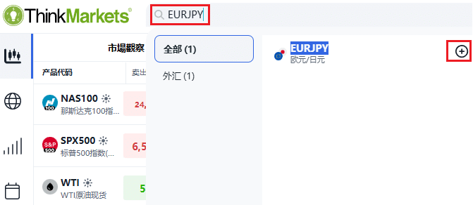 ThinkTrader watchlist window showing how to add the EUR/JPY (Euro vs Japanese Yen).