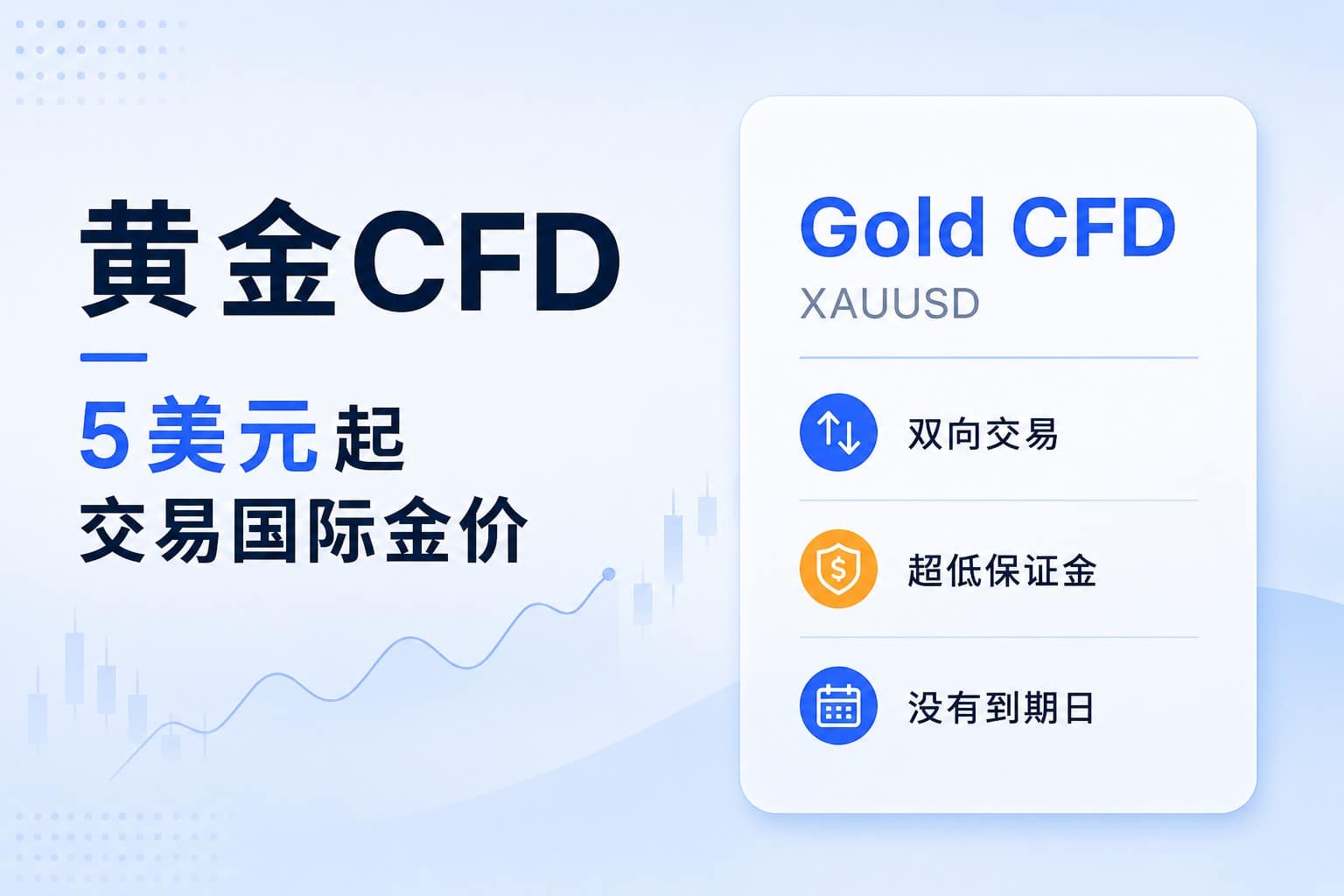 Gold CFD trading guide cover illustrating how to trade international gold prices from USD 5 with XAUUSD, low margin, two-way trading, and no expiry date.