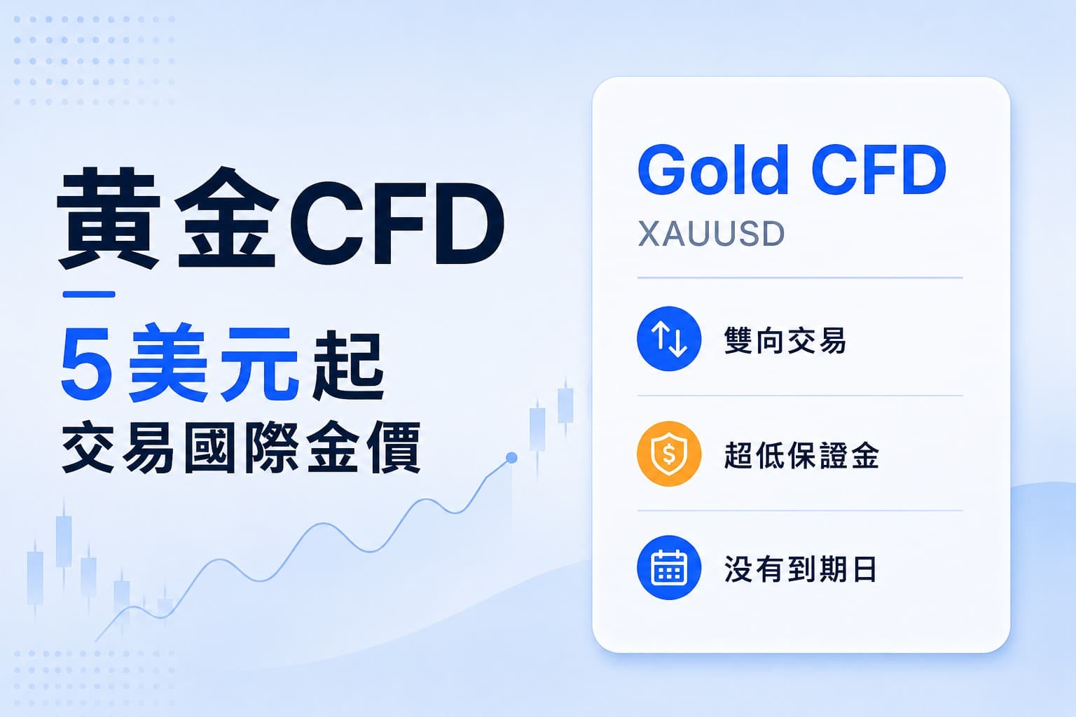 Gold CFD trading guide cover illustrating how to trade international gold prices from USD 5 with XAUUSD, low margin, two-way trading, and no expiry date.