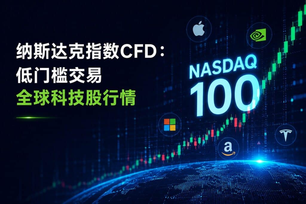 NASDAQ 100 CFD trading banner featuring futuristic stock charts, glowing tech company logos, and global technology market theme in dark blue fintech style.