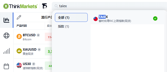 ThinkTrader watchlist window showing how to add the FTSE Taiwan Index.