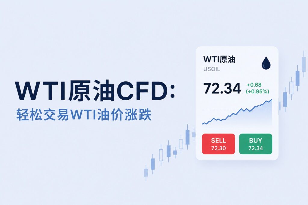 WTI crude oil CFD trading illustration with a modern trading interface, buy and sell buttons, and an upward price chart on a light blue background
