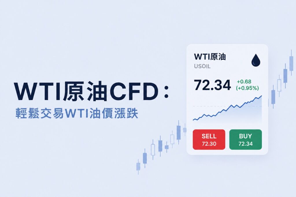 WTI crude oil CFD trading illustration with a modern trading interface, buy and sell buttons, and an upward price chart on a light blue background