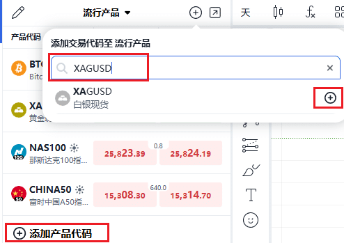 ThinkTrader watchlist window displaying the process of adding the XAGUSD (Silver).
