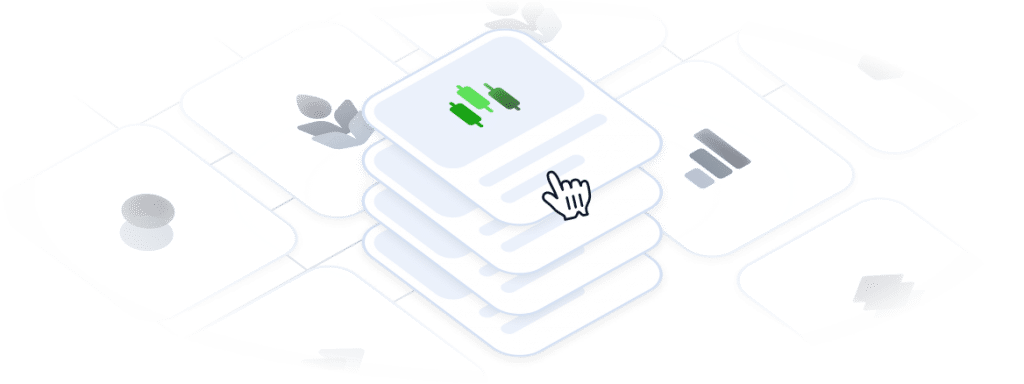 Illustration of stacked article cards with market icons, representing a list of trading academy educational articles.