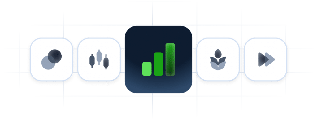 Icons representing different financial markets, including currencies, candlestick charts, commodities, and indices, illustrating the concept of market knowledge.