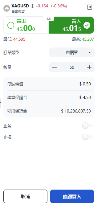 ThinkTrader XAGUSD (Silver) trading window showing options for trade direction, position size, and order type.