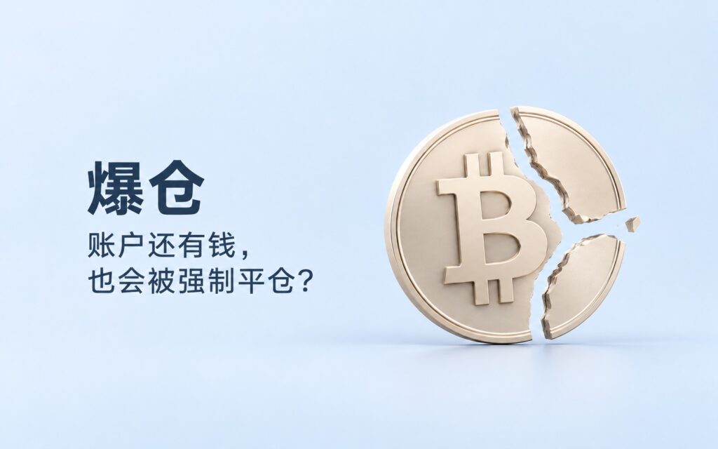 Cracked Bitcoin coin illustrating forced liquidation, with Chinese text asking why positions can be closed while funds remain in the account.