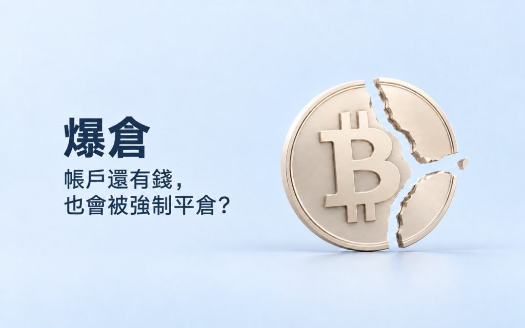 Cracked Bitcoin coin illustrating forced liquidation, with Chinese text asking why positions can be closed while funds remain in the account.