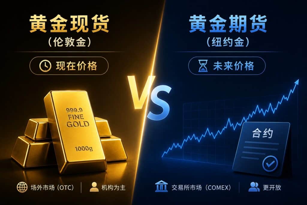 Gold spot vs futures showing current price versus future price with contrasting time-based trading concepts