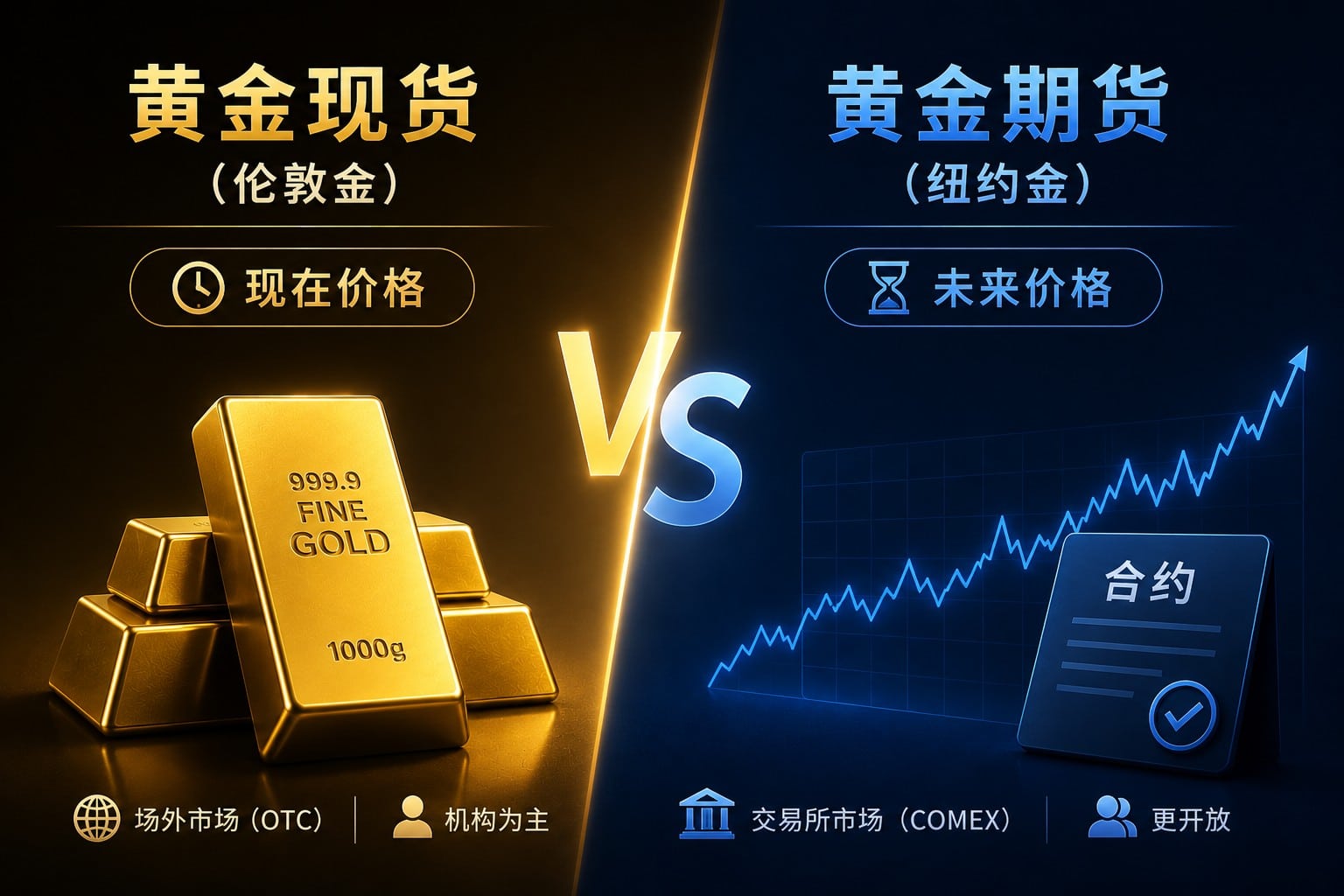 Gold spot vs futures showing current price versus future price with contrasting time-based trading concepts