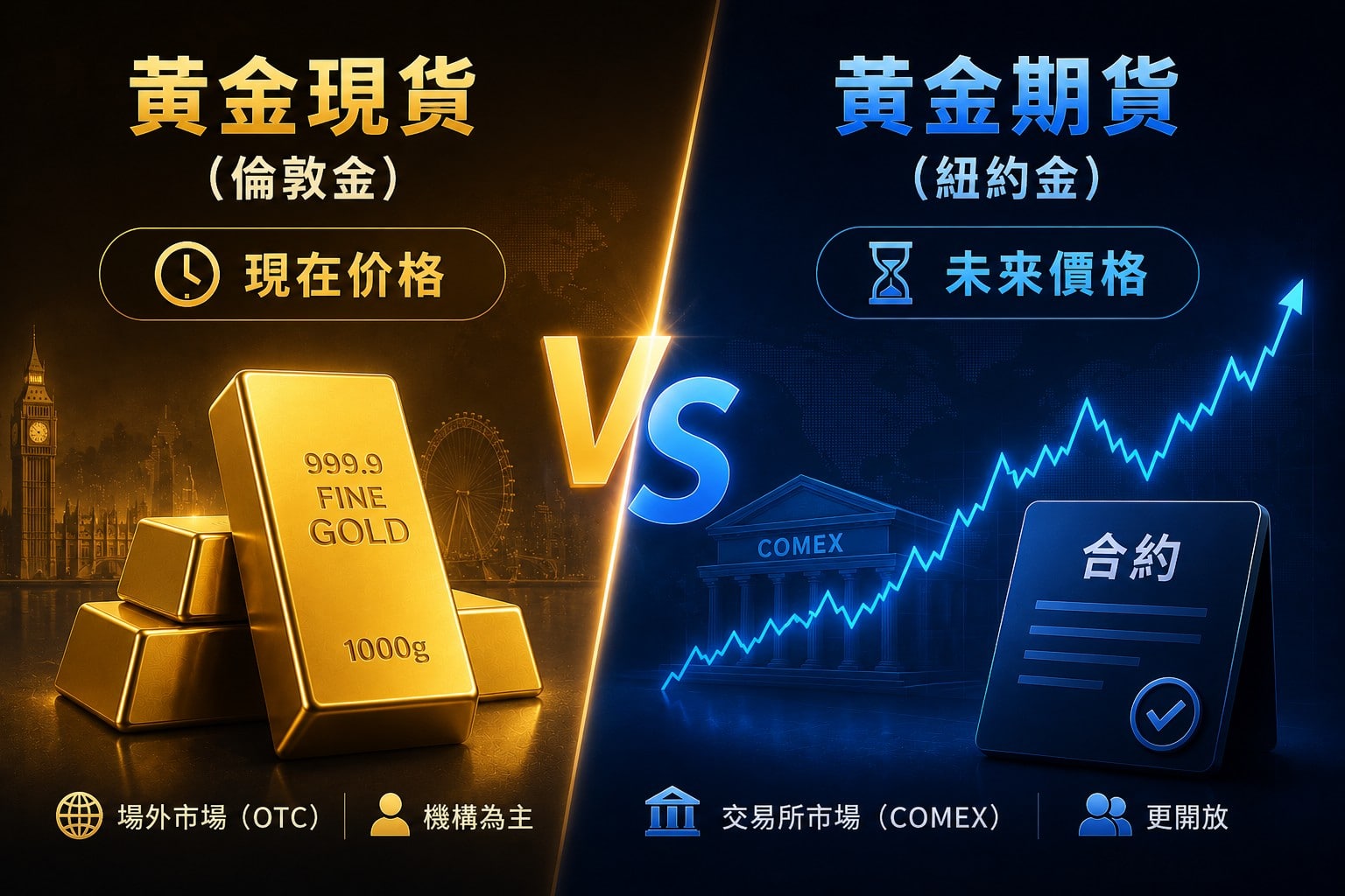 Gold spot vs futures showing current price versus future price with contrasting time-based trading concepts