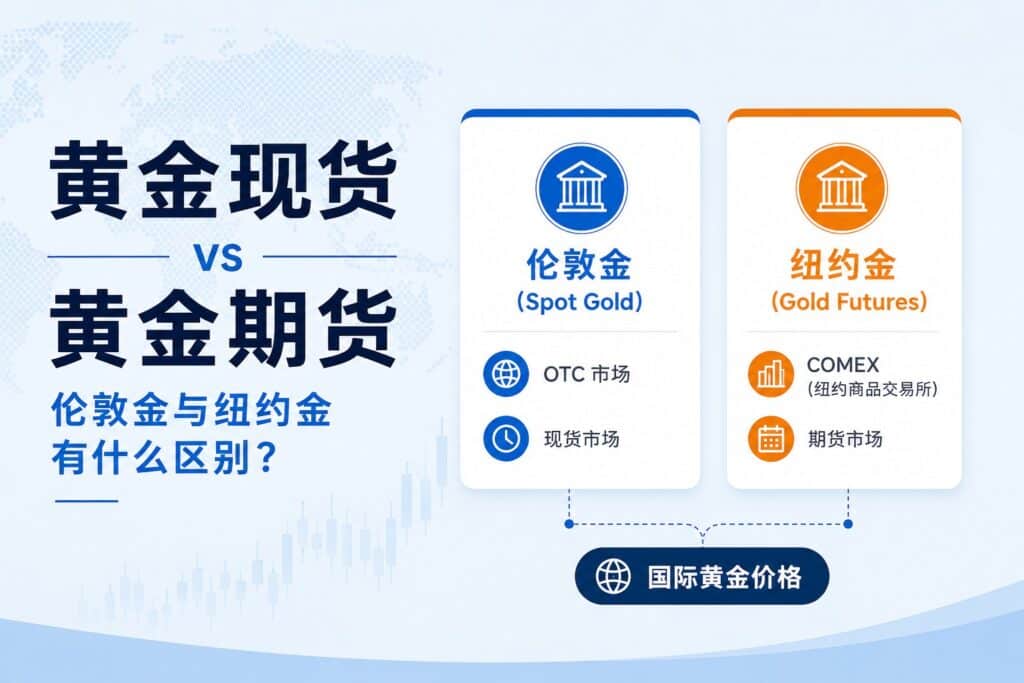 Spot gold vs gold futures comparison showing the differences between London Gold and New York Gold, including OTC market, COMEX futures, and how both markets contribute to international gold pricing.