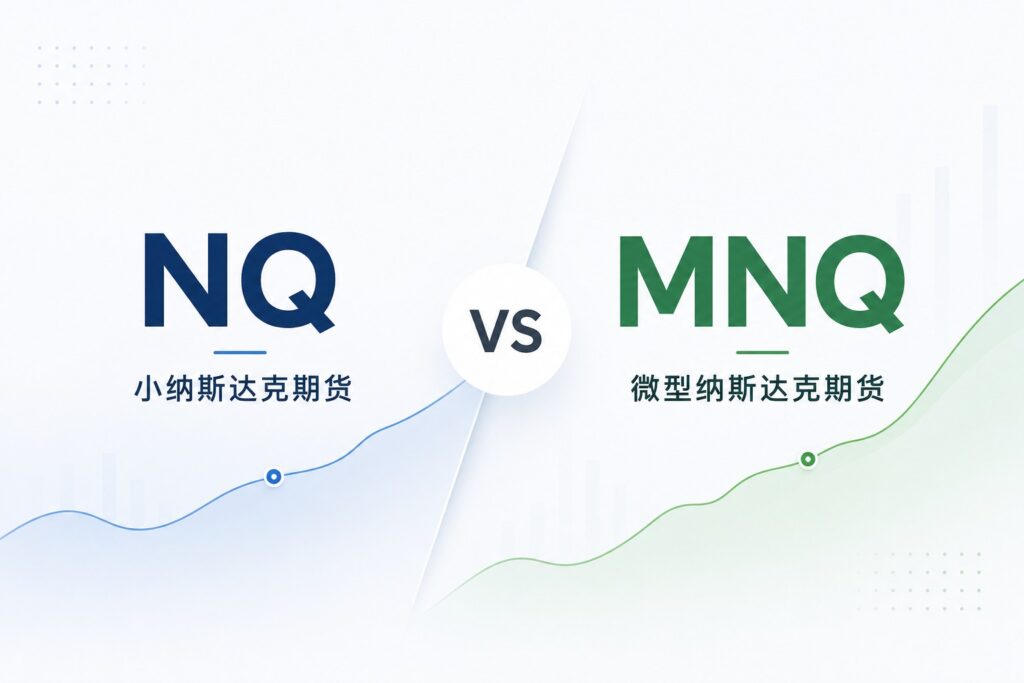 Minimalist comparison graphic of NQ and MNQ Nasdaq futures, featuring small Nasdaq futures versus micro Nasdaq futures with clean line-chart backgrounds and modern financial design.
