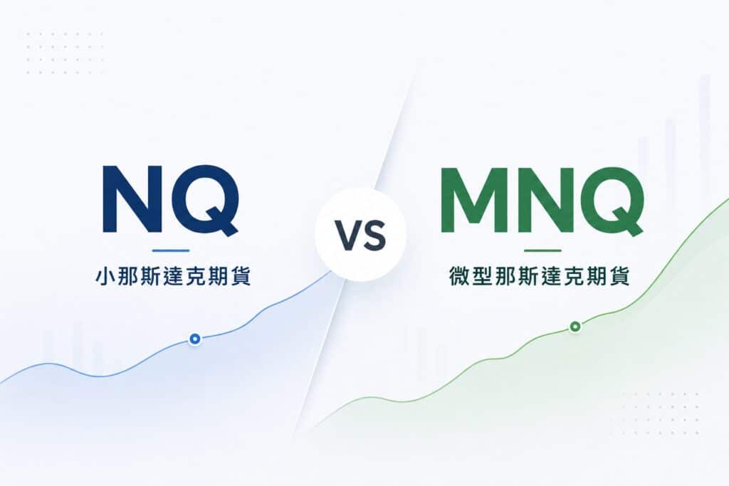 Minimalist comparison graphic of NQ and MNQ Nasdaq futures, featuring small Nasdaq futures versus micro Nasdaq futures with clean line-chart backgrounds and modern financial design.