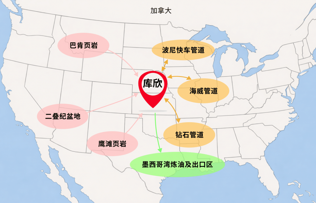 WTI crude oil pricing hub map showing Cushing Oklahoma connected to major US oil production regions pipelines and Gulf Coast export terminals