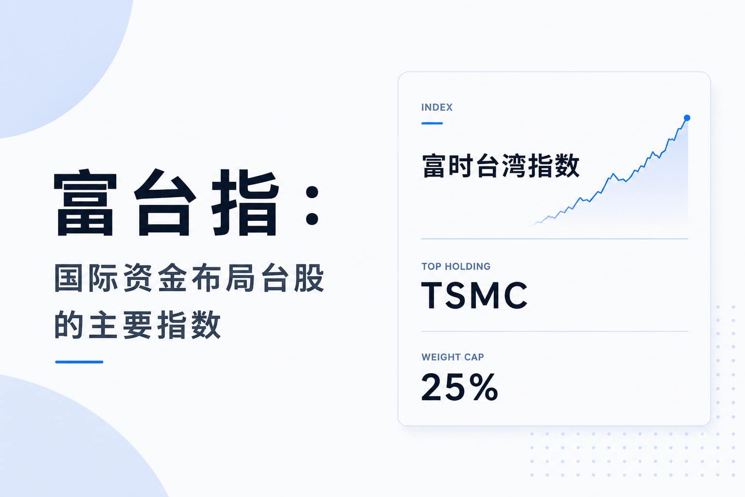 Minimalist cover illustration for the FTSE Taiwan Index, featuring an index snapshot with TSMC 25% weight cap, a rising market chart, and a clean financial dashboard design.