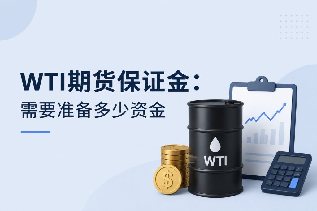 Light crude oil futures margin cover illustration with WTI oil barrel, coins, calculator, and financial chart on a light blue-gray background