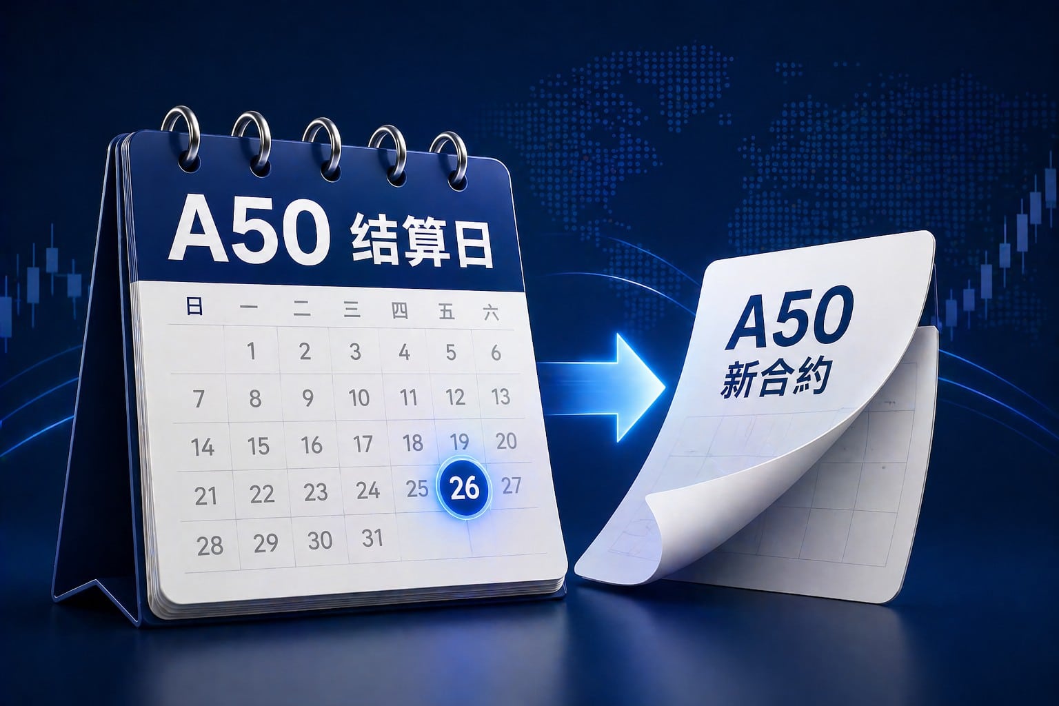 A50 futures settlement and rollover concept showing contract expiration and calendar transition
