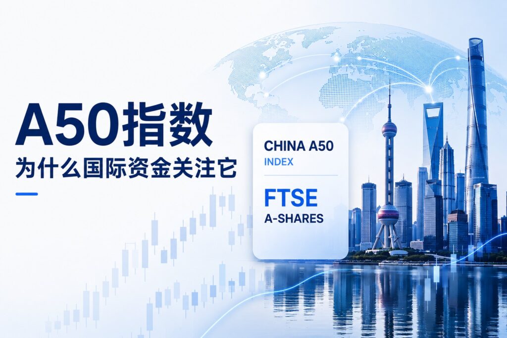 China A50 Index cover image featuring Shanghai skyline, global capital flows, FTSE A-Shares index card, and market charts.