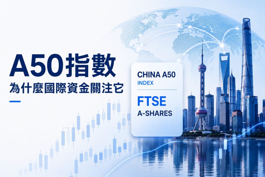 China A50 Index cover image featuring Shanghai skyline, global capital flows, FTSE A-Shares index card, and market charts.