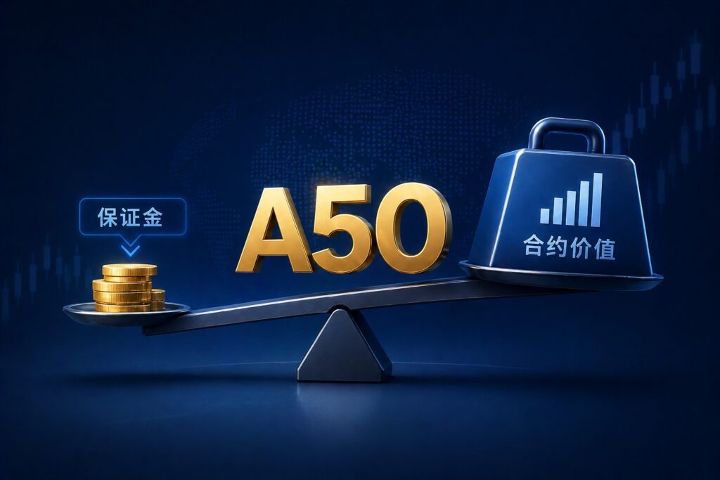 A50 margin requirement concept showing leverage and risk balance in futures trading