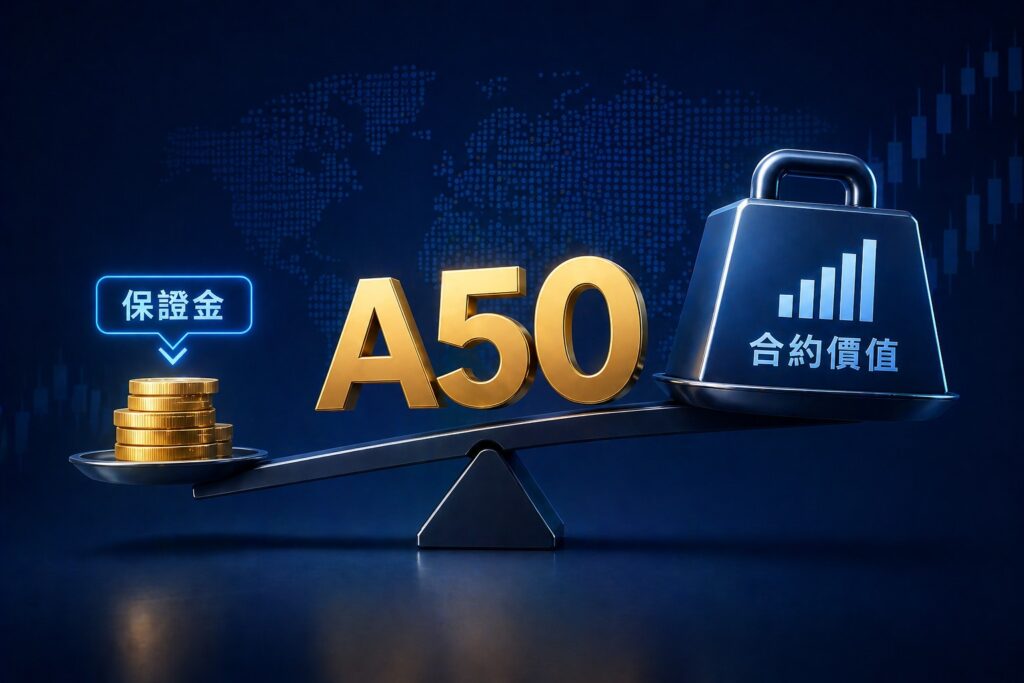 A50 margin requirement concept showing leverage and risk balance in futures trading