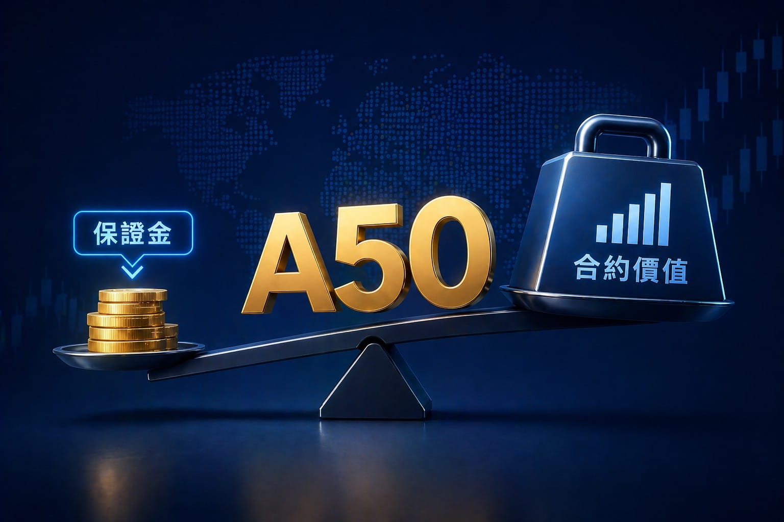 A50 margin requirement concept showing leverage and risk balance in futures trading