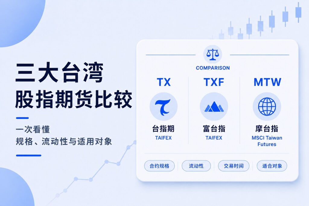 Minimal blue comparison infographic illustrating the three major Taiwan stock index futures—TX, TXF, and MTW—with a side-by-side comparison of contract specifications, liquidity, trading hours, and suitable traders.