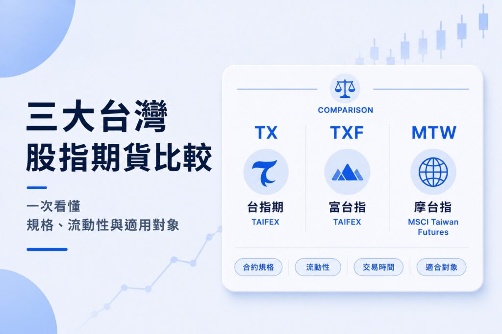Minimal blue comparison infographic illustrating the three major Taiwan stock index futures—TX, TXF, and MTW—with a side-by-side comparison of contract specifications, liquidity, trading hours, and suitable traders.