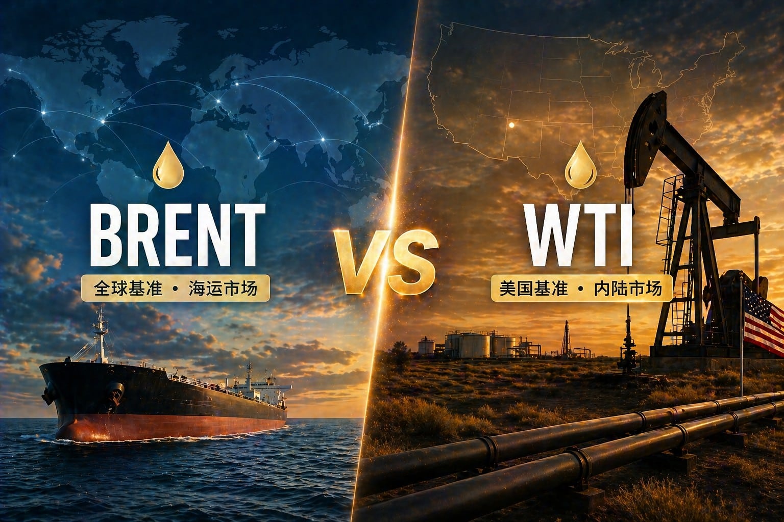 Brent vs WTI crude oil comparison showing offshore global market versus US inland oil production