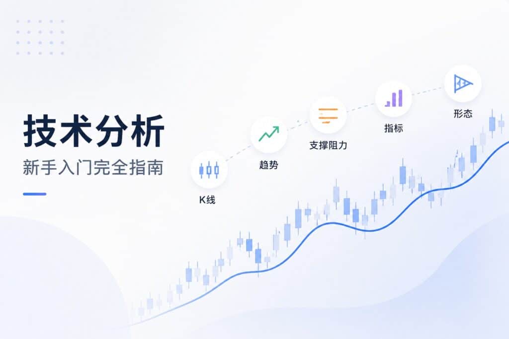 Illustration of technical analysis concepts including candlestick charts, trends, support and resistance, indicators, and chart patterns for beginner traders.