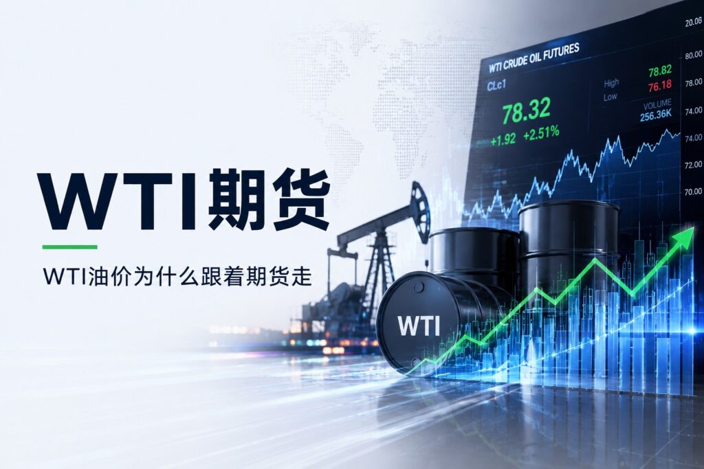 WTI crude oil futures cover image showing oil barrels, trading charts, and a financial market dashboard illustrating why WTI oil prices follow futures prices
