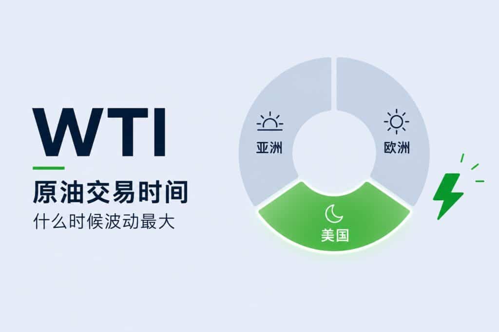 WTI trading hours guide showing Asian, European and U.S. market sessions and the period of highest price volatility