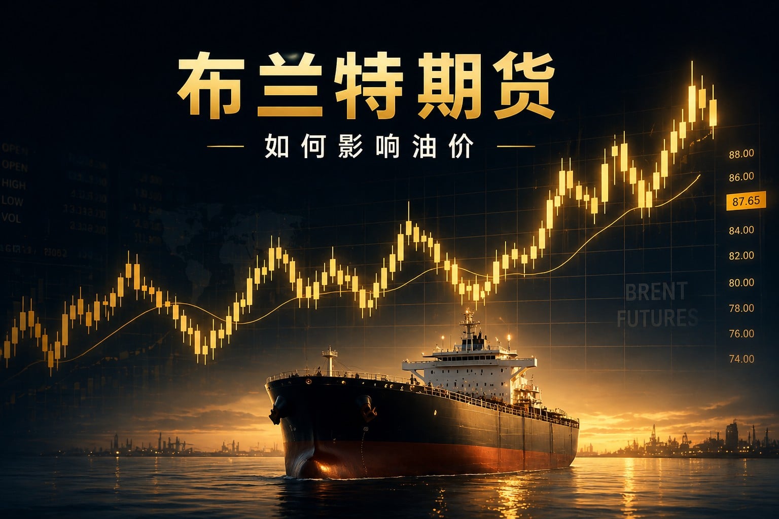 Brent crude oil futures driving global oil prices with rising candlestick chart and oil tanker at sea