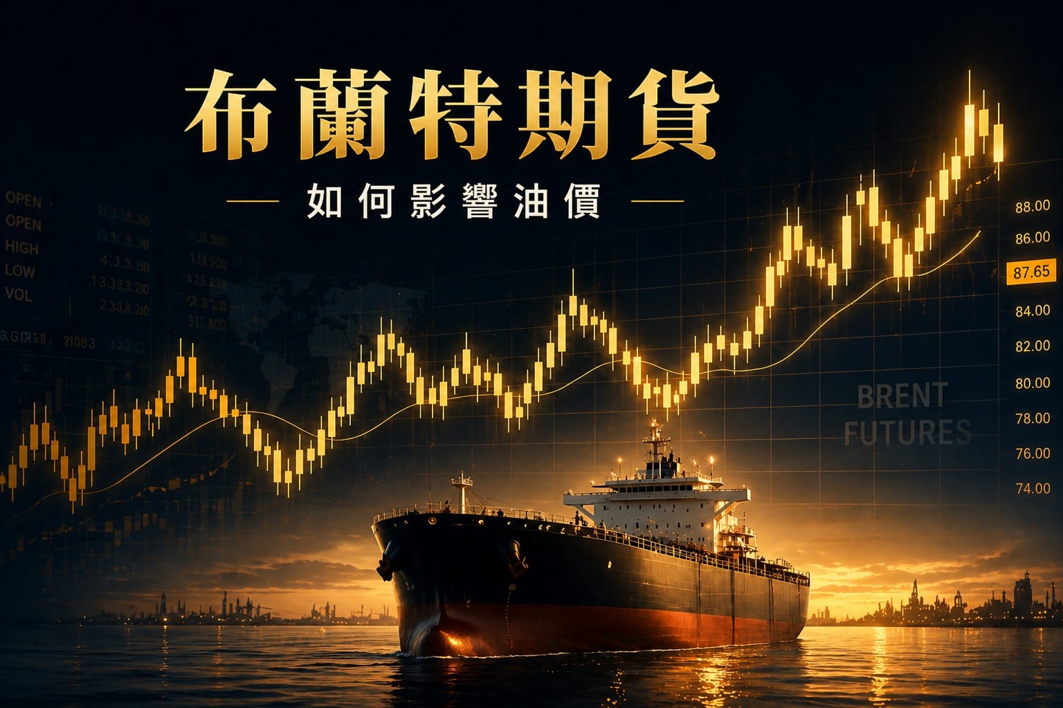 Brent crude oil futures driving global oil prices with rising candlestick chart and oil tanker at sea