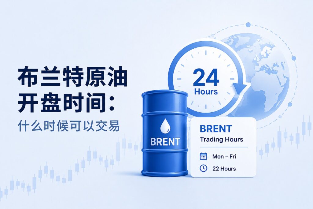 Brent crude oil trading hours cover image showing a Brent oil barrel, 24-hour trading clock, globe, and trading hours card.