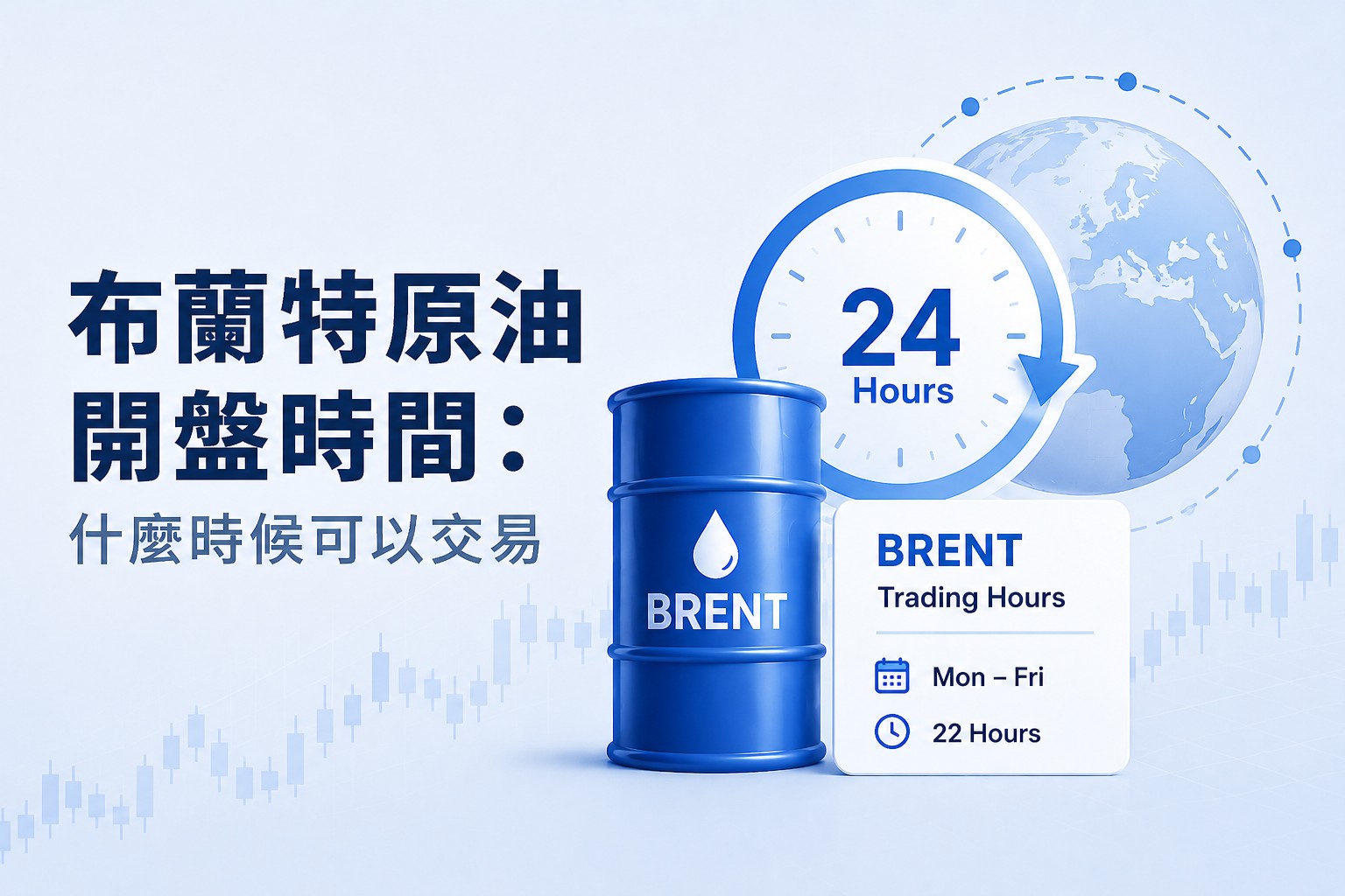 Brent crude oil trading hours cover image showing a Brent oil barrel, 24-hour trading clock, globe, and trading hours card.