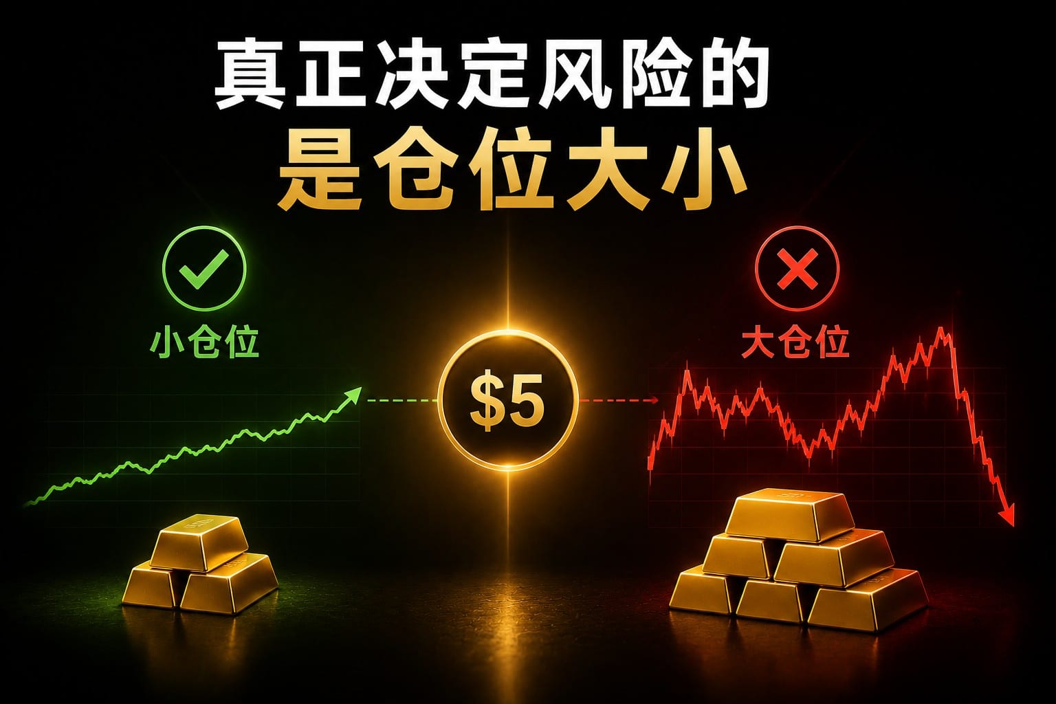 Minimal gold trading risk illustration showing how the same low margin can lead to very different outcomes depending on position size and leverage usage