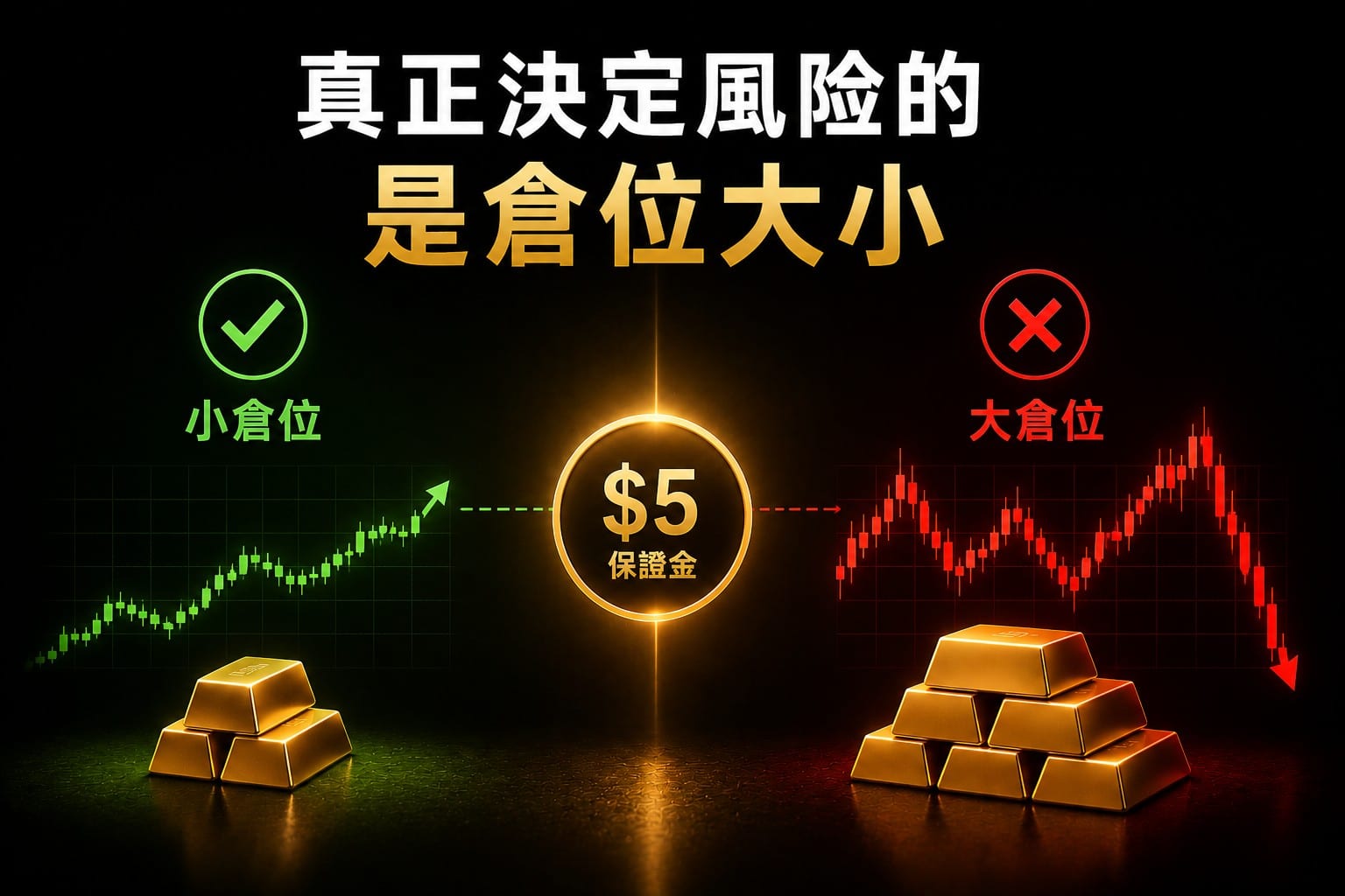 Minimal gold trading risk illustration showing how the same low margin can lead to very different outcomes depending on position size and leverage usage