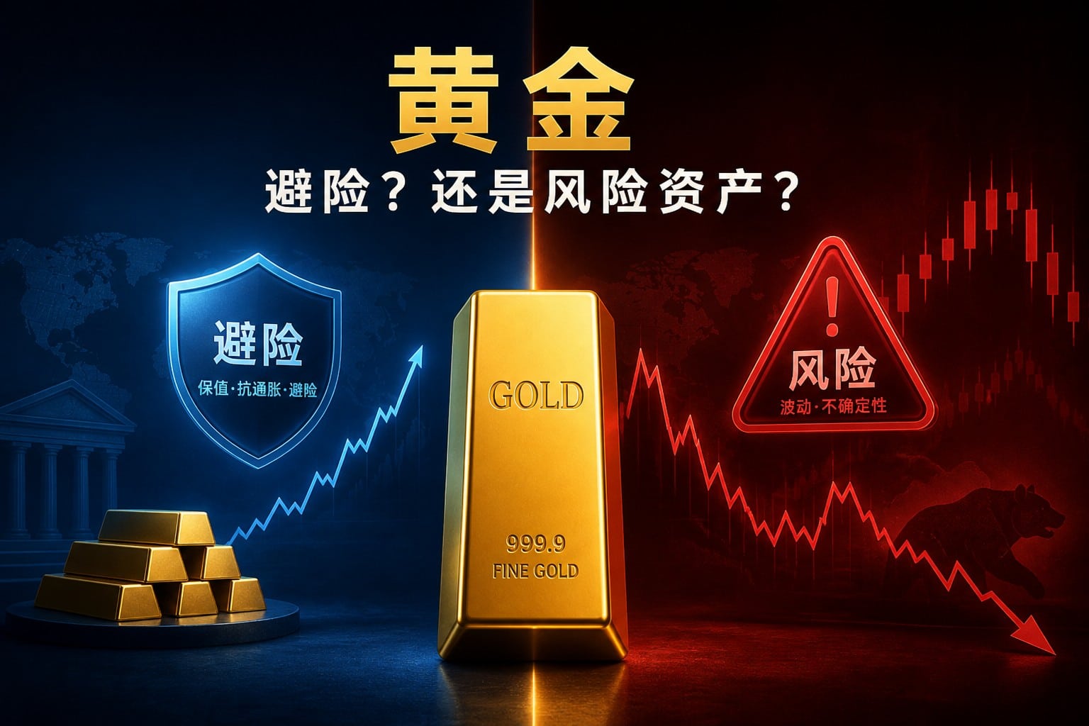 Gold as both safe haven and risk asset shown with contrasting stable and volatile market behavior