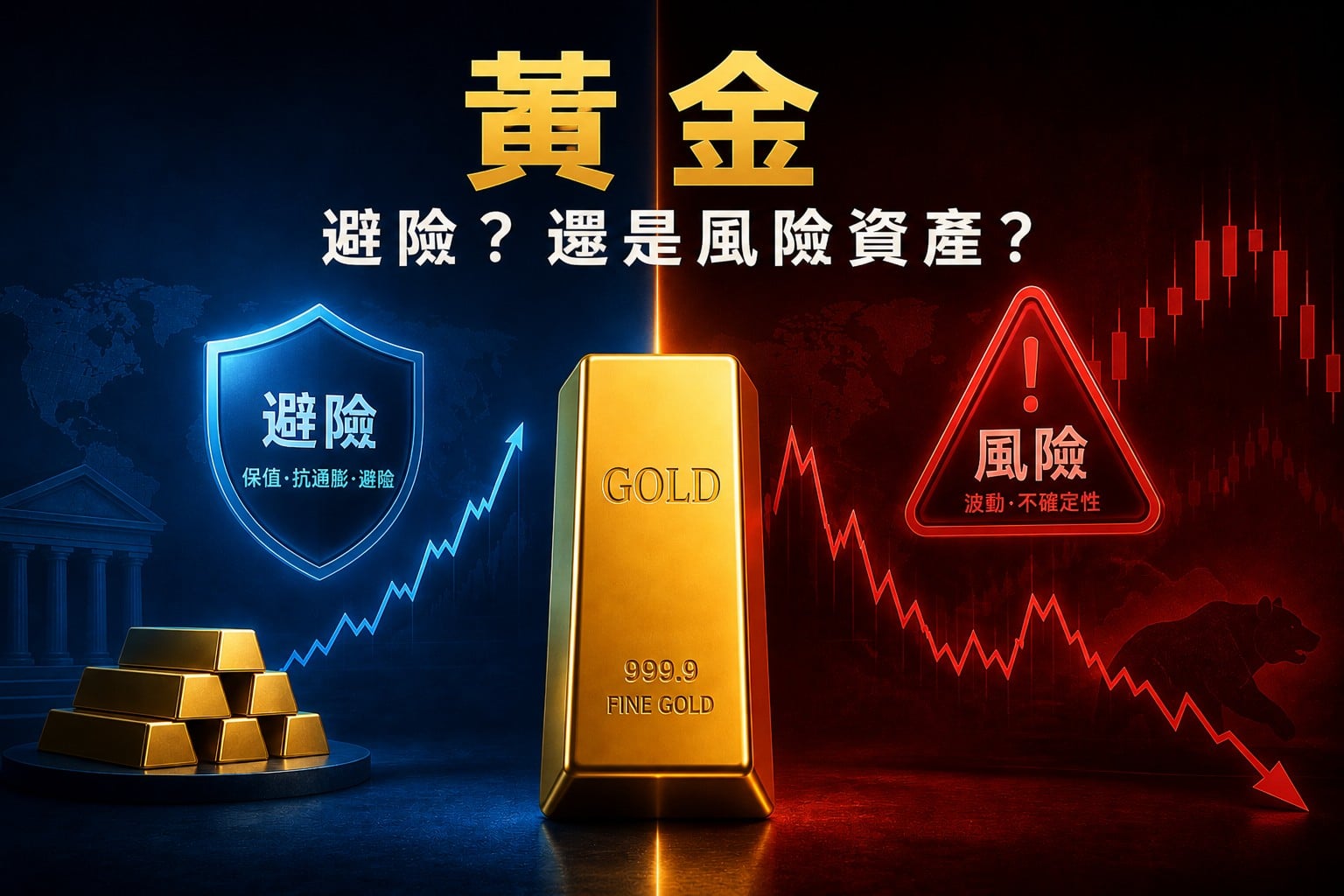 Gold as both safe haven and risk asset shown with contrasting stable and volatile market behavior