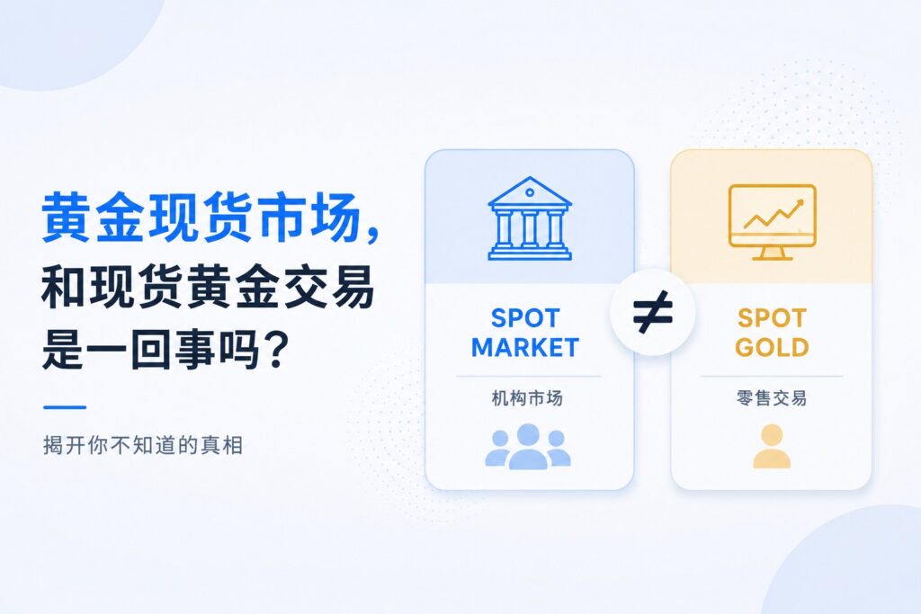 Illustration explaining the difference between the gold spot market and spot gold trading, comparing institutional OTC spot markets with retail Spot Gold trading.